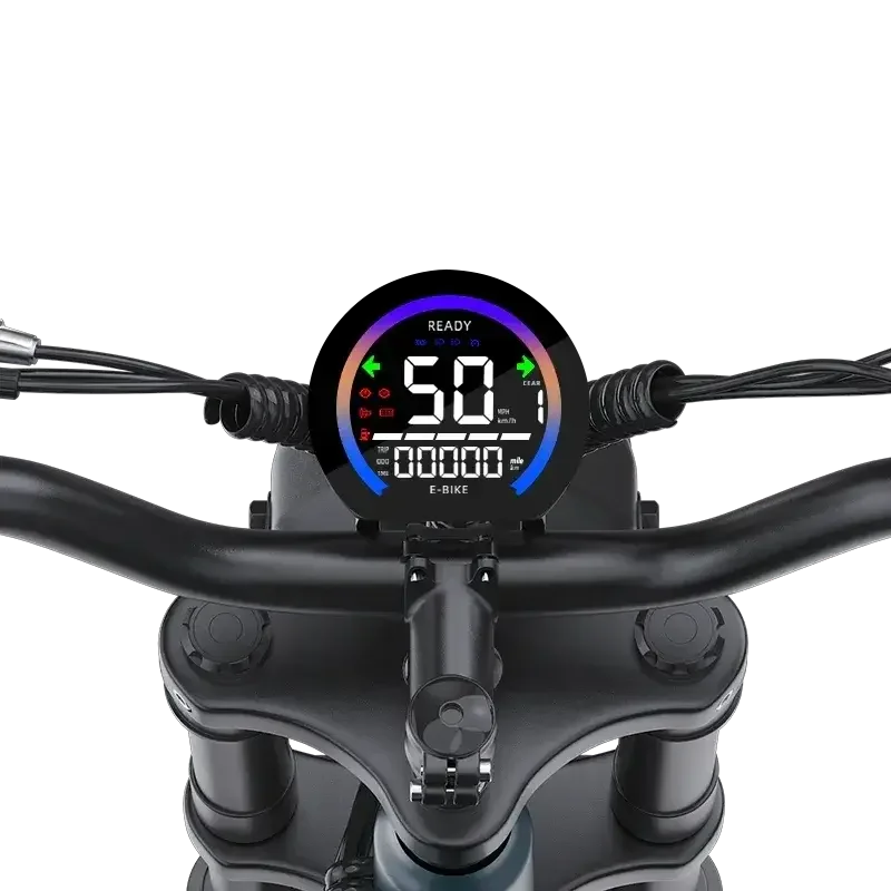 Close-up of e-bike handlebar with digital display showing speed 50, gear 1, and ready status