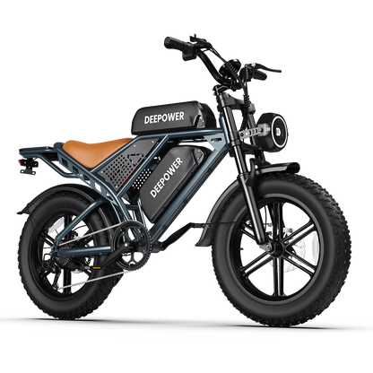 Deepower electric bike with fat tires, black frame, brown saddle, and round LED headlight