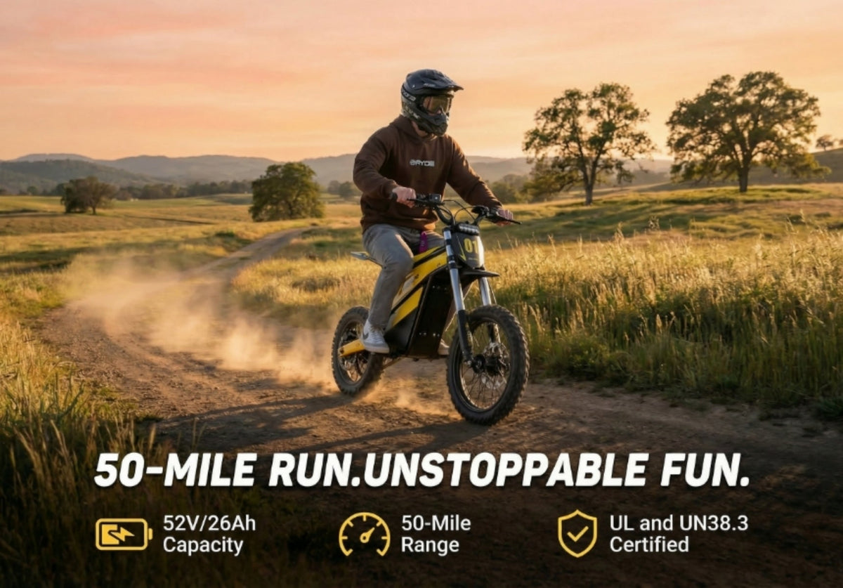 Heybike Villain electric dirt bike on dirt trail