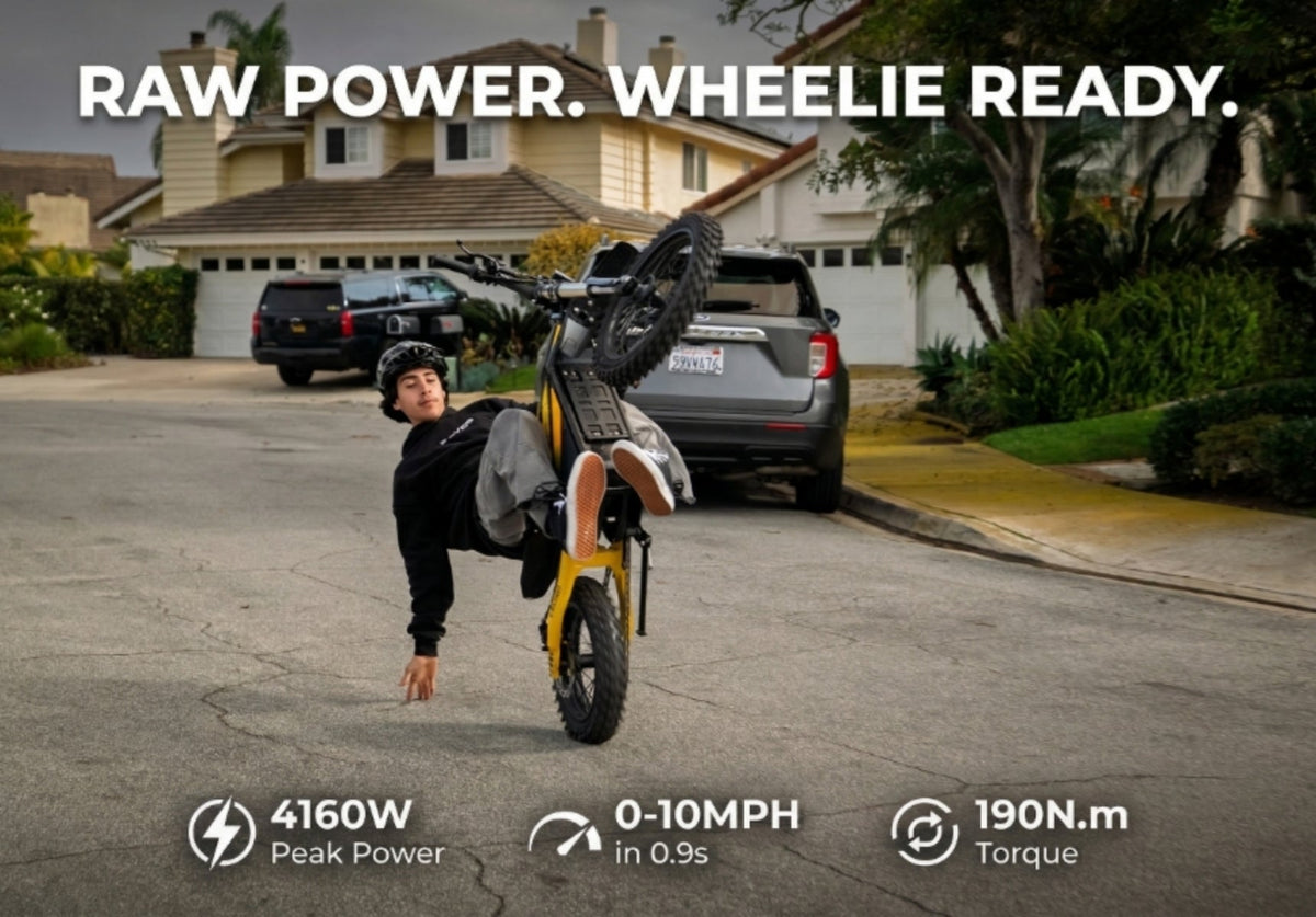 Heybike Villain electric dirt bike performing wheelie